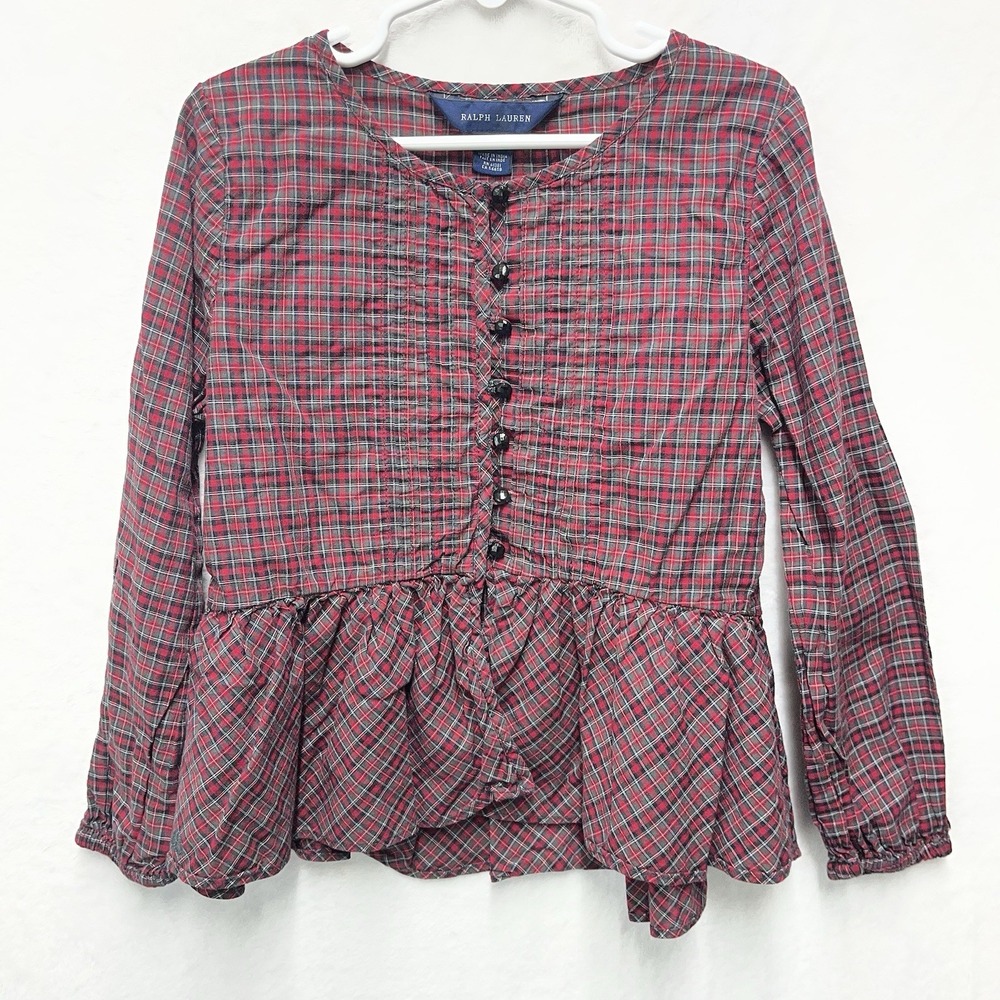 Ralph Lauren Button Front Plaid Shirt Girls 6 Peplum Christmas Top